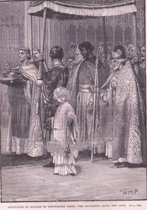 Richard I:n kruunaus Westminster Abbeyssa: kulkue käytävää pitkin 1189 jKr. tekijältä Henry Marriott Paget