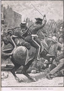 Peterloon verilöyly, jossa husaarit syyttivät ihmisiä, kuvitus Cassellin Englannin kuvitetusta historiasta, julkaistu n. 1910