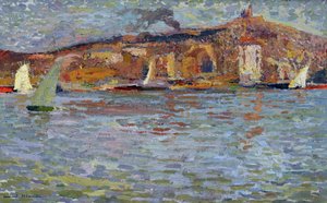 Marseillen satama, vanha satama ja "Hyvä äiti" (Cathedrale Notre Dame de la Garde (Notre-Dame-de-la-Garde). Henri Martinin (1835-1908) maalaus. Öljy kankaalle. Mitat: 38x61cm Pakollinen maininta: Regards de Provence Foundation -kokoelma, Marseille