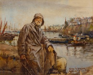 Fisherman on Newlyn Harbor Wall, 1920 (wc paperilla)