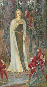 Prerafaeliittisia maalauksia: Olipa kerran (Lumikki) (Blanche Neige) par Rheam, Henry Meynell (1859-1920). Akvarelli, guassi paperille, 78x43. Yksityinen kokoelma