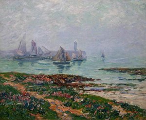 Rannikkokohtaus, jossa on kalastusveneitä tekijältä Henry Moret