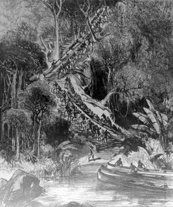 Kanoottien vetäminen Inkisi Fallsista, julkaisi The Illustrated London News -julkaisun 6. helmikuuta 1878 tekijältä Henry Morton Stanley