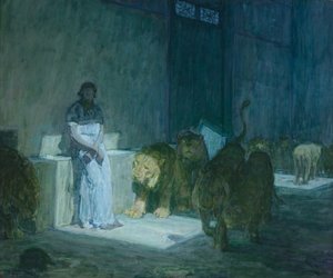 Daniel leijonien luolassa, 1907-18 (öljy paperille ja kankaalle kiinnitettynä).