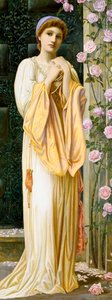 "A Fair Maid" Nuori nainen pukeutunut antiikkityyliin, helmikaulakoru. Henry Rylandin (1856-1924) maalaus (esirafaeliitti) 1901 Yksityiskokoelma.