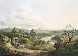 Näkymä Rooden hiekkasolan läheltä Hyväntoivon niemellä, kaiverrus J. Bluck (fl.1791-1831) 1809 (akvatinta)