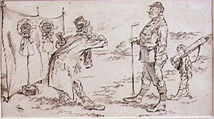 Myyjä häiritsee golfaajaa, kuvitus Graphic-lehdelle, pubi. c, 1870 tekijältä Henry Sandercock