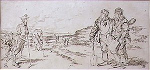 Golfaajien häiritsemät Roadmen, kuvitus Graphic-lehdestä, pubi. noin 1870 (litho) tekijältä Henry Sandercock