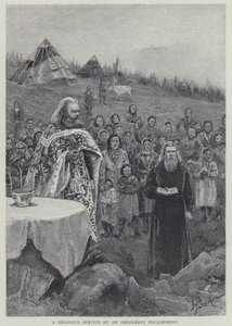 Jumalanpalvelus Orozhanni-leirillä (litho) tekijältä Henry Sandham