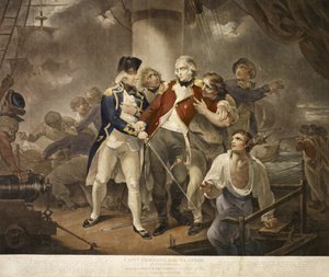 Kapteeni Trollope Glattonissa, jossa on 54 karonadia, taistelemassa ranskalaista laivuetta vastaan, jossa on 8 sota-alusta, joissa on 230 tykkiä, kaiverrettu James Daniell, 1797 (mezzotint).