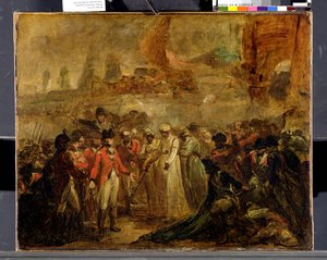 Mysoren sulttaani Tipu Sahibin (1749-1799) kahden pojan antautuminen Sir David Bairdille, n. 1800 (öljy kankaalle)