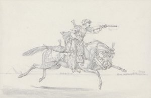 Ladattava Mameluke ampumassa pistoolilla (grafiittia ja punaista liitua paperilla) tekijältä Henry Thomas Alken