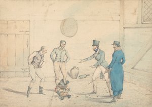 Neljän miehen ulkorakennuksessa seuraama kukkotappelu: Tappelu, kaiverrettu "The National Sports of Great Britain" -teoksen kuvatauluksi 39