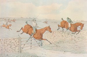 Estejuoksu: Lyömäys kiviaitaukseen. 5-4 valkoisella, 1827 tekijältä Henry Thomas Alken