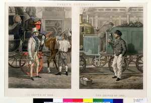 Foren kontrastit: Kuljettaja 1832, Kuljettaja 1852, kaiverrus John Harris (1811-65) 1852 (käsinvärinen akvatinta) tekijältä Henry Thomas Alken