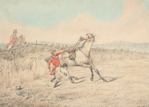 Ratsastaja pitelee kiinni harmaasta hevosesta kaatumisen jälkeen tekijältä Henry Thomas Alken