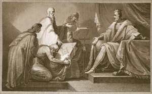 William the I:lle esitelty Tuomiopäiväkirja, J. Fittlerin kaivertama, kuvitus David Humen Englannin historiasta, pub. R. Bowyer, Lontoo, 1812