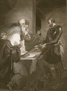 Jarmo Warenne perustelemassa omistusoikeuksiaan, kaiverrettu J. Fittlerin toimesta, kuvitus David Humen teoksesta "The History of England", julkaissut R. Bowyer, Lontoo, 1812. tekijältä Henry Tresham