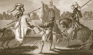 Rikhard II keskeyttää kaksintaistelun Herefordin ja Norfolkin välillä, kuvitus David Humen teoksesta "The History of England", julkaisija R. Bowyer, Lontoo, 1812
