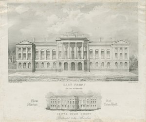Stoke-upon-Trent - Suunniteltu uusi kauppa ja kaupungintalo: litografia, nd [c 1834] tekijältä Henry Ward