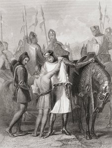 Richard, Earl of Pembroke, jättämässä lomaa veljelleen ennen lähtöään Irlantiin vuonna 1169, Thomas Wrightin "The History of Ireland", julkaistu noin 1854 tekijältä Henry Warren