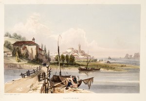 Fontarabia ja Capauchinosin luostari ja silta, teoksesta Sketches of scenery in the Basque provinces of Spain, with a selection of national music ?, pub. 1838 (käsin väritetty kaiverrus).