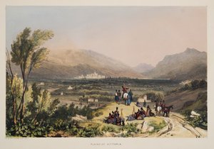 Vitorian tasangot ja kaupunki, teoksesta Sketches of scenery in the Basque provinces of Spain, with a selection of national music ?, pub. 1838 (käsin väritetty kaiverrus). tekijältä Henry Wilkinson