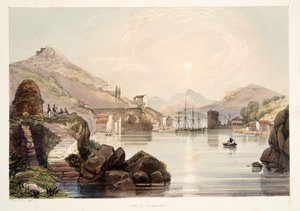 Port of Passages, teoksesta Sketches of scenery in the Basque provinces of Spain, with a selection of national music ?, pub. 1838 (käsin väritetty kaiverrus).