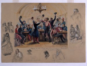 Kohtaus Cafe du Commerce Valettassa, "Mourir pour la patrie", Malta, 1854 (wc ja kynä paperilla) tekijältä Henry Wilkinson