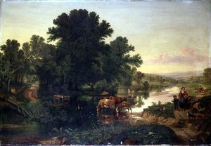 Metsäinen jokimaisema karjan kastelulla