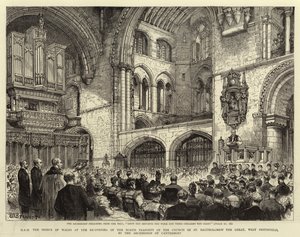 H R H Walesin prinssi, kun Canterburyn arkkipiispa avasi uudelleen Pyhän Bartholomew Suuren kirkon pohjoisen risteyksen West Smithfieldissä tekijältä Henry William Brewer