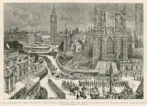 Hänen Majesteettinsa kuningattaren juhlapäivä - kuningattaren vaunujen saapuminen Westminster Abbeyyn tekijältä Henry William Brewer