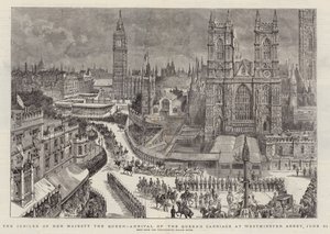 Hänen Majesteettinsa kuningattaren juhlapäivä, kuningattaren vaunun saapuminen Westminster Abbeyyn, 21. kesäkuuta
