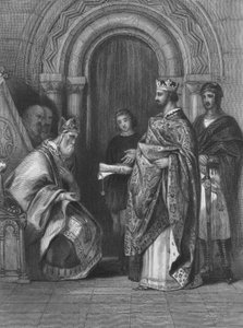 Englannin kuningas Henrik II esittelee vuonna 1155 annetun paavin bullan, joka antoi hänelle luvan valloittaa, hallita ja hallita Irlantia.