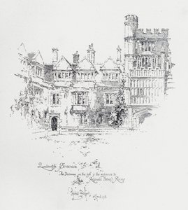 Brasenose College, Oxford, joka näyttää sisäänkäynnin englantilaisen papin ja kirjailijan Reginald Heberin huoneisiin (litho) tekijältä Herbert (after) Railton
