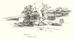Chatsworth, Derbyshire, vuonna 1775 (litho) tekijältä Herbert (after) Railton