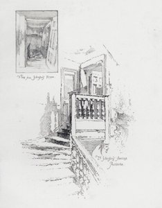 Englantilaisen kirjailijan Samuel Johnsonin huone ja portaat, Pembroke College, Oxford (litho) tekijältä Herbert (after) Railton