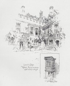 Englantilaisen metodistisaarnaajan John Wesleyn käyttämä saarnatuoli ja hänen huoneet Lincoln Collegessa, Oxfordissa (litho)