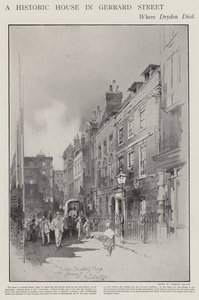 Talo Gerrard Streetillä Lontoossa, jossa runoilija John Dryden kuoli vuonna 1700 (litho) tekijältä Herbert (after) Railton
