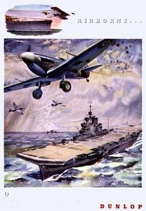 "Airborne....", Dunlop-renkaiden mainos "The Illustrated London News", joulunumero 1944 (litho) tekijältä Herbert Kerr Rooke