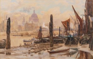 Ankkuroituja Thamesin proomuja; St Pauls ja Blackfriars Bridge kaukana. tekijältä Herbert Menzies Marshall