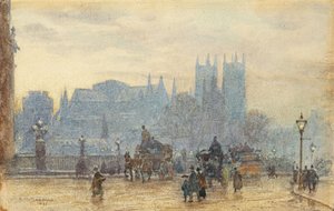 Westminster Abbey Westminsterin sillalta 1892 (akvarelli) tekijältä Herbert Menzies Marshall