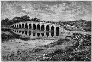 17 kaarinen silta Kunming-järvellä Ete-palatsissa lähellä Pekiniä 1800-luvulla. Kaiverrus Catenaccin piirustuksen jälkeen, Thomsonin valokuvan jälkeen julkaisussa "" Le Tour du Monde, Nouveau Journal des Voyages", toimittanut Edouard Charton, Paris tekijältä Hercule (after) Catenacci