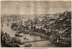 Porton näkymä, Catenaccin piirustus havainnollistamaan Olivier Mersonin matkaa Portugalin pohjoisiin provinsseihin vuonna 1857. Kaiverrus ”” Le tour du monde”” 1861. Selvan kokoelma. tekijältä Hercule (after) Catenacci