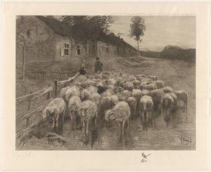Paimen ja nainen, jolla on lammaslauma tekijältä Herman Johannes van der Weele (signed by artist)
