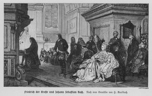 Johann Sebastian Bach soittaa Frederick Suurelle, Preussin kuninkaalle (kaiverrus)