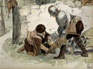 Henri IV (1553-1610) loukkaantui tiedustelussa Aumalessa Mayennen armeijaa vastaan. Hermann Vogelin (1856-1918) kuvitus teoksessa "" Henri IV"" tekijältä Hermann Vogel
