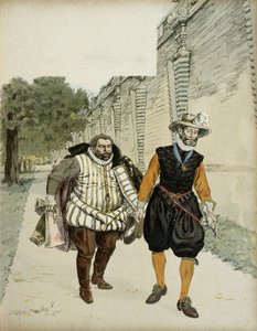 Henrik IV (1553-1610) ja Charles de Lorraine, Mayennen herttua (1554-1611). Ensimmäinen sovintohaastattelu kahden vihollisen, Mayennen, legueurs-johtajan ja kuninkaan välillä Chateau de Montceaux
