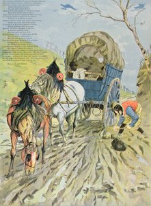 Mutaan juuttunut kärry, Jean de La Fontainen (1621-95) taruista 1888 (värikaiverrus) tekijältä Hermann Vogel