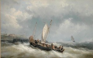 Lugger saapuu satamaan myrskyssä (öljy kankaalle)